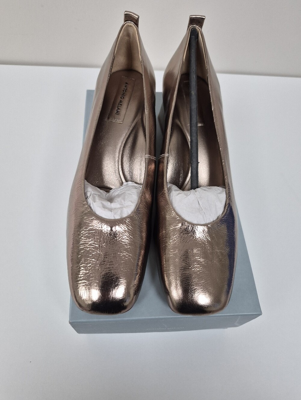 ANTONIO MELANI Metallic Rose Gold Square-Toe Heels
